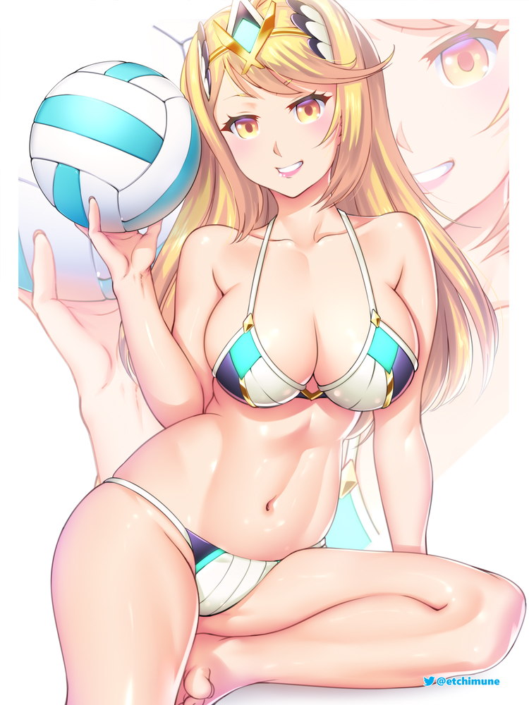 1girl 1girl 1girl alluring athletic_female bikini blonde_hair breasts etchimune female_only looking_at_viewer mythra nintendo tagme volleyball xenoblade_(series) xenoblade_chronicles_2 yellow_eyes