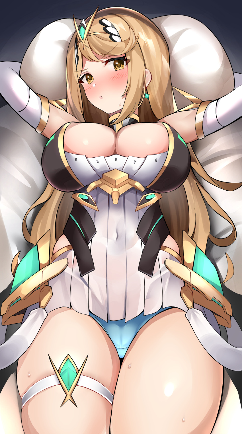 1girl 1girl 2022 alluring alternate_breast_size armored_dress arms_above_head arms_up bangs big_breasts blonde_hair blue_panties blush breasts cleavage clothed clothed_female earrings enishi96 female_only gold_eyes hair_ornament high_res hips long_hair lying_on_back mythra nintendo panties slim_waist swept_bangs thick_thighs thighs tiara white_clothing wide_hips xenoblade_(series) xenoblade_chronicles_2