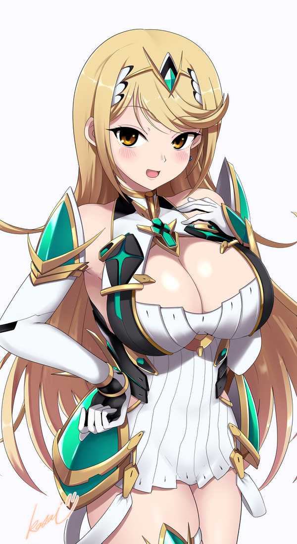 1girl 1girl alluring big_breasts blonde_hair blush boob_window clothed clothing cute kasai_shin looking_at_viewer mythra skirt thighs xenoblade_(series) xenoblade_chronicles_2