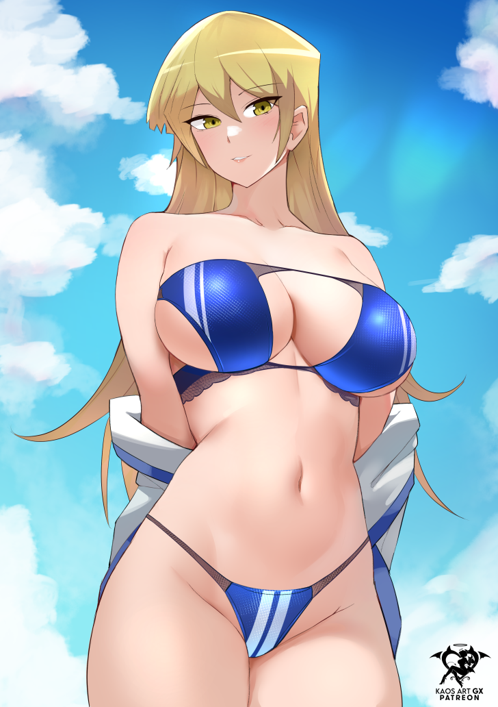 1girl alexis_rhodes alluring artist_logo bare_shoulders big_breasts bikini blonde_hair blue_bikini blue_sky cloud collarbone commentary day double_vertical_stripe groin hair_between_eyes jacket jacket_partially_removed kaos_art light_blush long_hair navel off_shoulder open_clothes open_jacket outside paid_reward_available parted_lips patreon_username sky smile stomach strapless strapless_bikini string_bikini swimsuit tenjouin_asuka yellow_eyes yu-gi-oh! yu-gi-oh!_gx