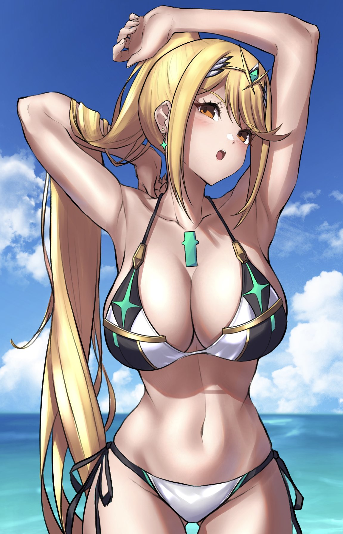 1girl alluring beach big_breasts bikini blonde_hair breasts clouds core_crystal earrings hakusai_(hksicabb) halterneck looking_at_viewer midriff mythra navel nintendo ocean outside ponytail side-tie_bikini side-tie_swimsuit swimsuit tiara water white_bikini white_swimsuit xenoblade_(series) xenoblade_chronicles_2 yellow_eyes