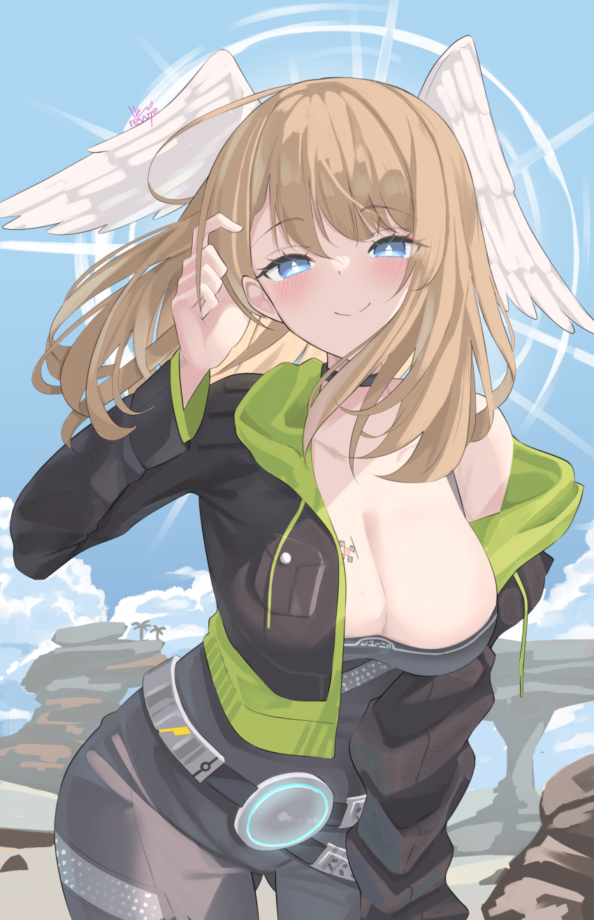 1girl alluring big_breasts black_bodysuit blonde_hair blue_pupils bodysuit breast_tattoo cleavage commentary english_commentary eunie_(xenoblade) green_hoodie head_wings high_res hood hoodie jacket leather leather_jacket looking_at_viewer nintendo revvie smile tattoo white_wings wings xenoblade_(series) xenoblade_chronicles_3
