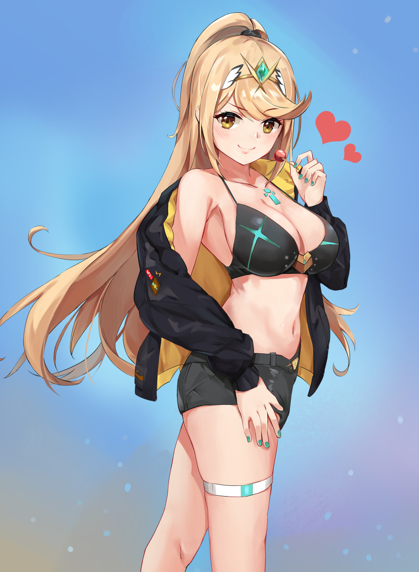 1girl alluring big_breasts black_bra black_jacket black_shorts blonde_hair bra breasts candy core_crystal food holding_lollipop jacket kiiro_kimi lollipop looking_at_viewer midriff mythra navel nintendo painted_fingernails ponytail short_shorts shorts thigh_strap tiara xenoblade_(series) xenoblade_chronicles_2 yellow_eyes