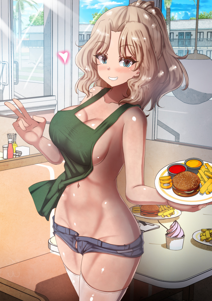 1girl apron big_breasts blonde_hair blue_eyes blue_shorts blush breasts burger food french_fries girls_und_panzer grin high_res hotpants indoors kay_(girls_und_panzer) long_hair looking_at_viewer megadeko_(aquaegg) naked_apron navel no_bra no_panties ponytail short_shorts shorts sideboob smile stockings v white_thighhighs