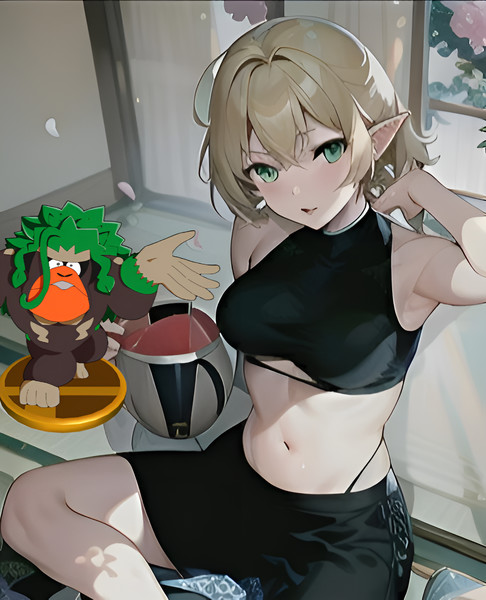 1girl armpits blonde_hair cookie_(touhou) donkey_kong gen_8_pokemon green_eyes joker_(cookie) midriff mizuhashi_parsee nucky☆ pointy_ears rillaboom short_hair sports_bra touhou