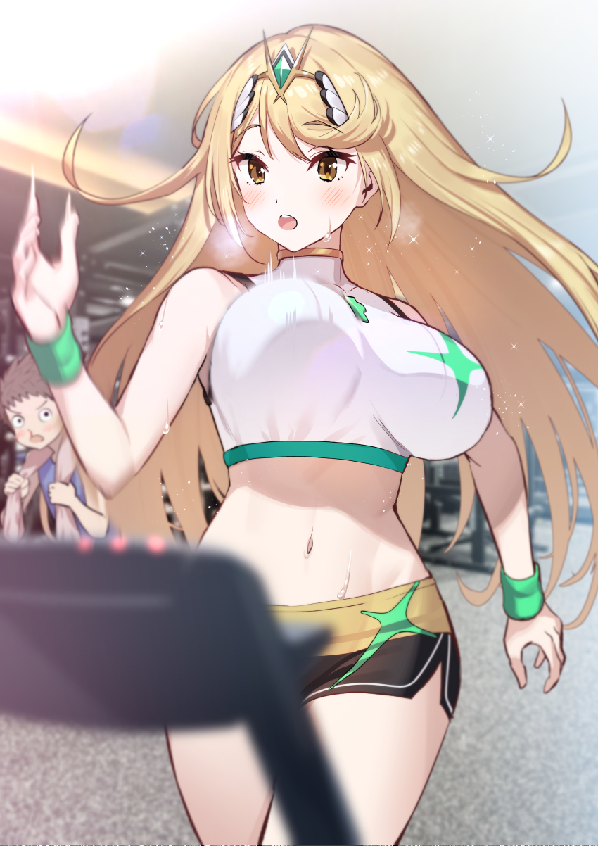 1boy 1girl 1girl absurd_res alluring alternate_costume bare_shoulders big_breasts big_breasts blonde_hair blush bouncing_breasts breasts earrings exercise exercise_machine green322 gym headpiece high_res jewelry long_hair mythra mythra_(xenoblade) nintendo nosebleed rex_(xenoblade) running shorts sports_bra sweat swept_bangs tagme tiara treadmill unaligned_breasts very_long_hair white_sports_bra xenoblade_chronicles_(series) xenoblade_chronicles_2 yellow_eyes