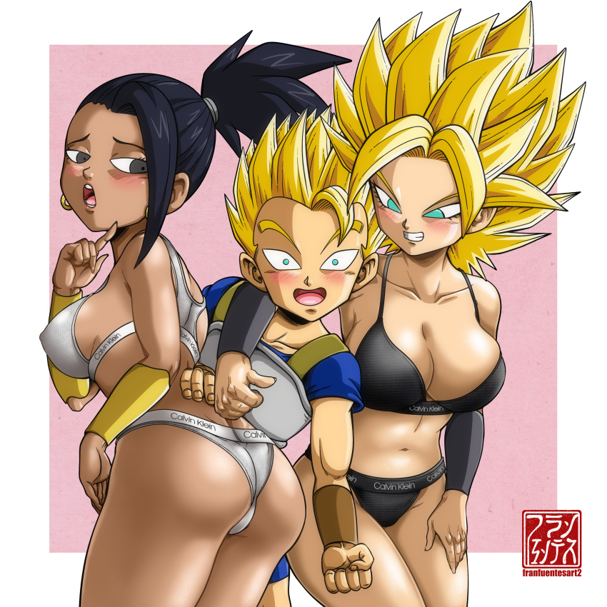 1boy 2_girls age_difference ass ass_focus big_breasts bikini black_bikini black_hair black_panties blonde_hair breasts cabba caulifla dark-skinned_female dark_skin dragon_ball dragon_ball_super femdom hetero kale_(dragon_ball) panties pervert pervert_female sex_invitation sexually_suggestive smile