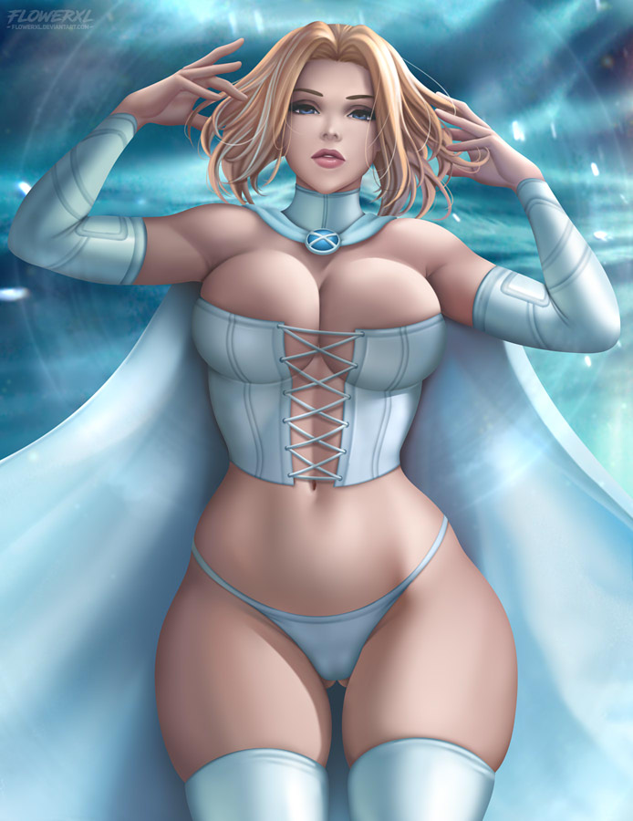 1girl 1girl 1girls arm_stockings ass_visible_through_thighs big_breasts big_breasts bra breasts bustier cape cleavage corset emma_frost female_only flowerxl full_cleavage lingerie marvel mutant navel panties platinum_blonde_hair solo_female suggestive tagme thick_thighs thighs thong underwear white_lingerie white_queen wide_hips x-men