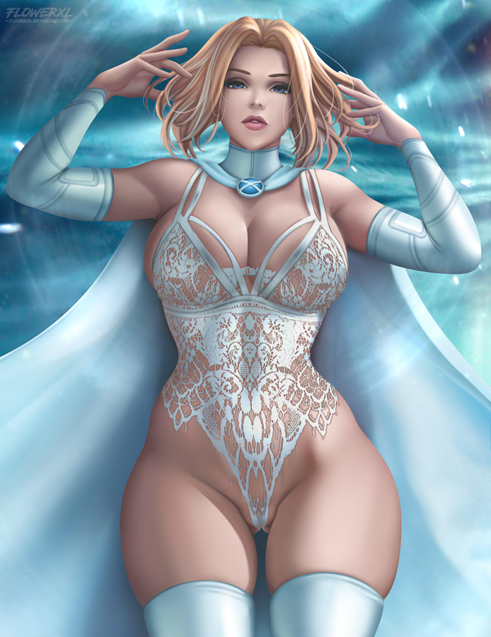 1girl 1girl 1girls big_breasts big_breasts breasts cleavage emma_frost female_only flowerxl full_cleavage lingerie looking_at_viewer marvel marvel_comics teddy_(clothing) thick_thighs white_lingerie white_queen wide_hips x-men