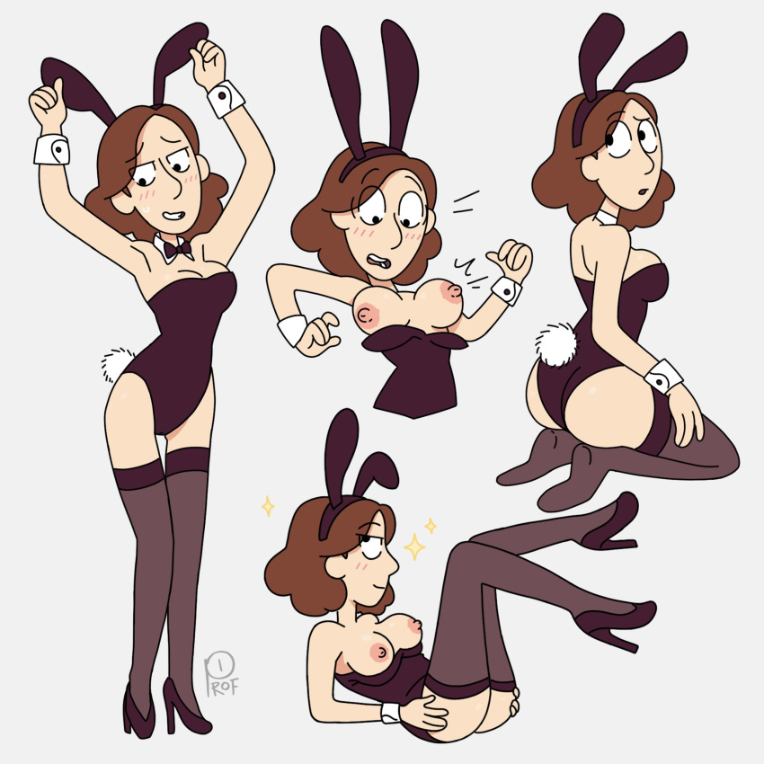 1girl 1girl 1girls black_legwear black_stockings blush breasts brown_hair brunette bunny_ears bunny_girl bunny_tail bunnysuit embarrassed_female exposed_breasts footwear grin hilda_(series) johanna_(hilda) legs_up legwear png profannytea seducing shoes stockings suprised_look thin_female