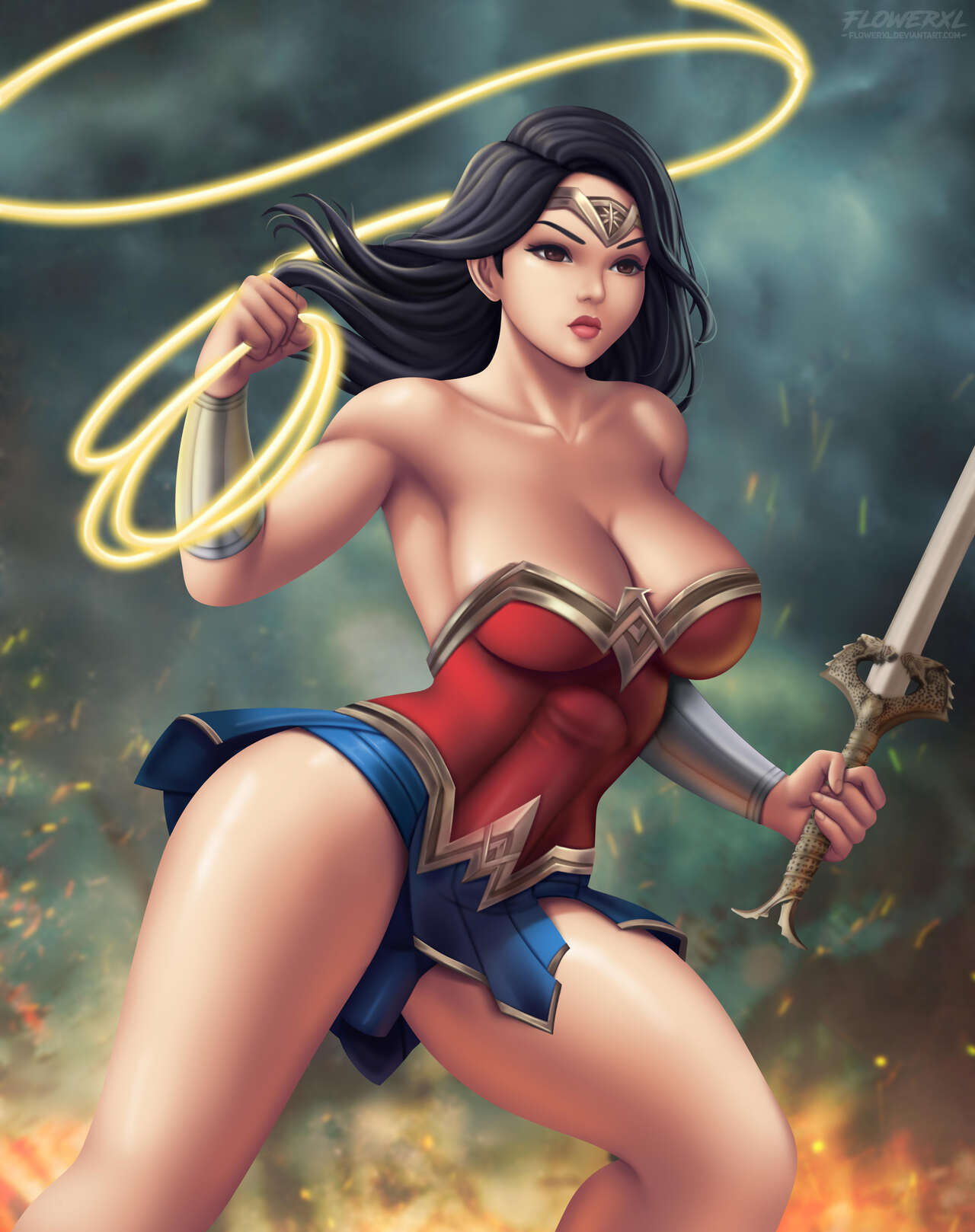 1girl 1girls big_breasts black_hair breasts brown_eyes cleavage curvy_female dc_comics diana_prince female_only flowerxl light-skinned_female superheroine whip wonder_woman wonder_woman_(series)