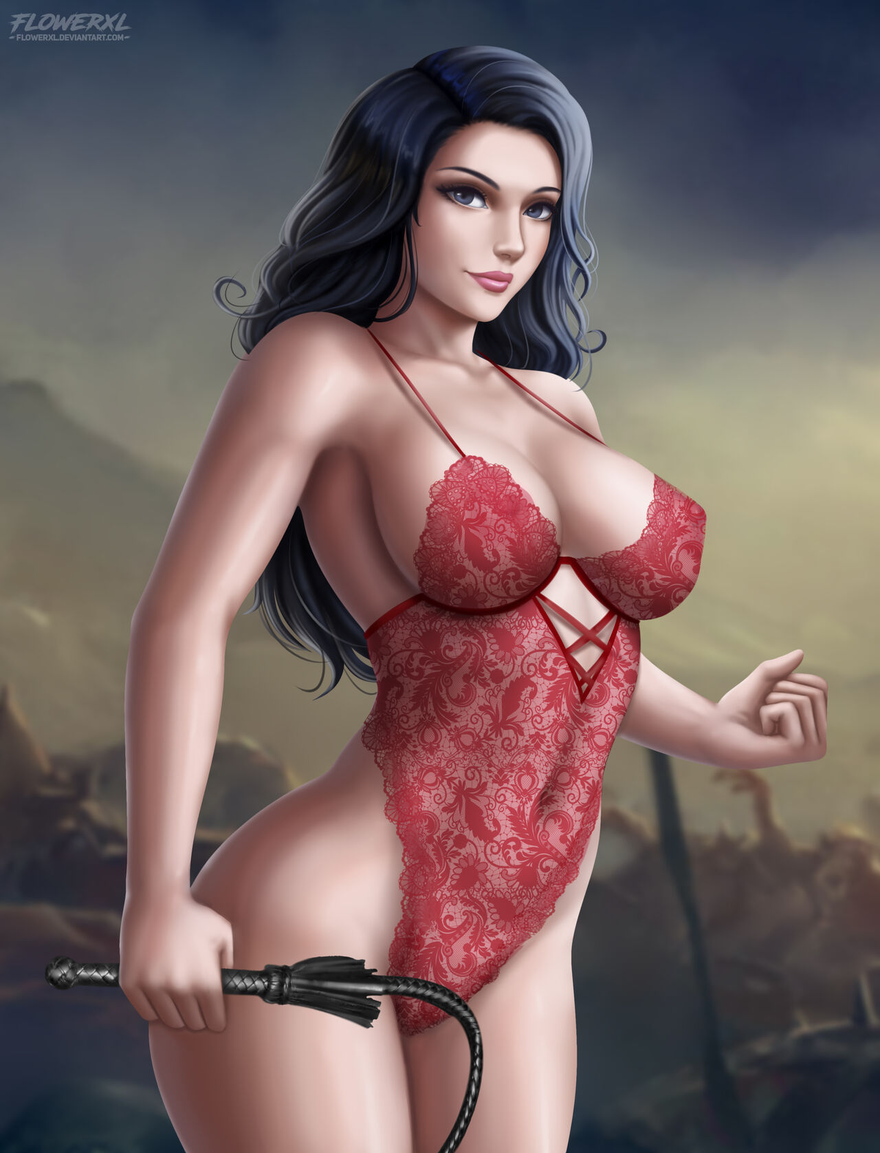 1girl 1girls black_hair blue_eyes breasts cleavage clothing_request dc_comics diana_prince female_only flowerxl light-skinned_female light_skin looking_at_viewer pink_lipstick pinup red_clothes superheroine thick_thighs whip wonder_woman wonder_woman_(series)