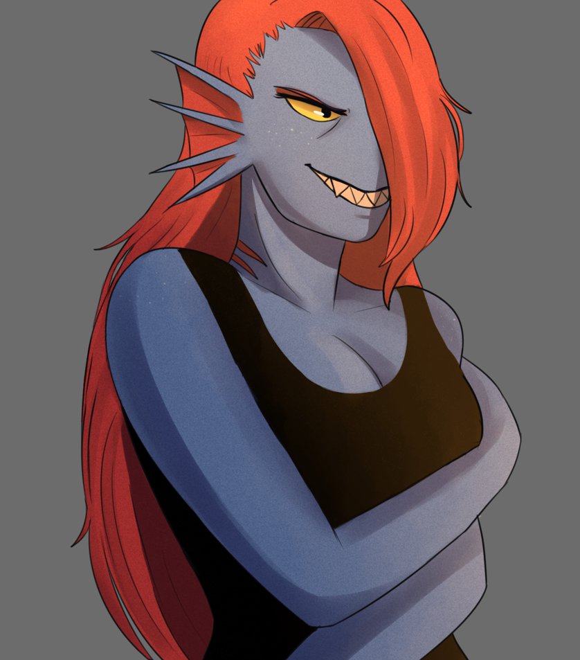 1girl 2d 2d_(artwork) alternate_hairstyle anthro anthro_only arms_under_breasts azurite-draws bad_deviantart_id bad_id black_tank_top black_topwear blue_body blue_skin breasts cleavage clothed clothed_female clothing digital_media_(artwork) ear_fins eye_patch eyepatch female_anthro female_only fish fish_girl grey_background hair hair_over_one_eye long_hair marine monster monster_girl non-mammal_breasts ponytail red_hair red_ponytail sharp_teeth simple_background slit_pupils solo_anthro solo_female tank_top topwear undertale undertale_(series) undyne upper_body video_game_character video_games yellow_sclera yellow_teeth