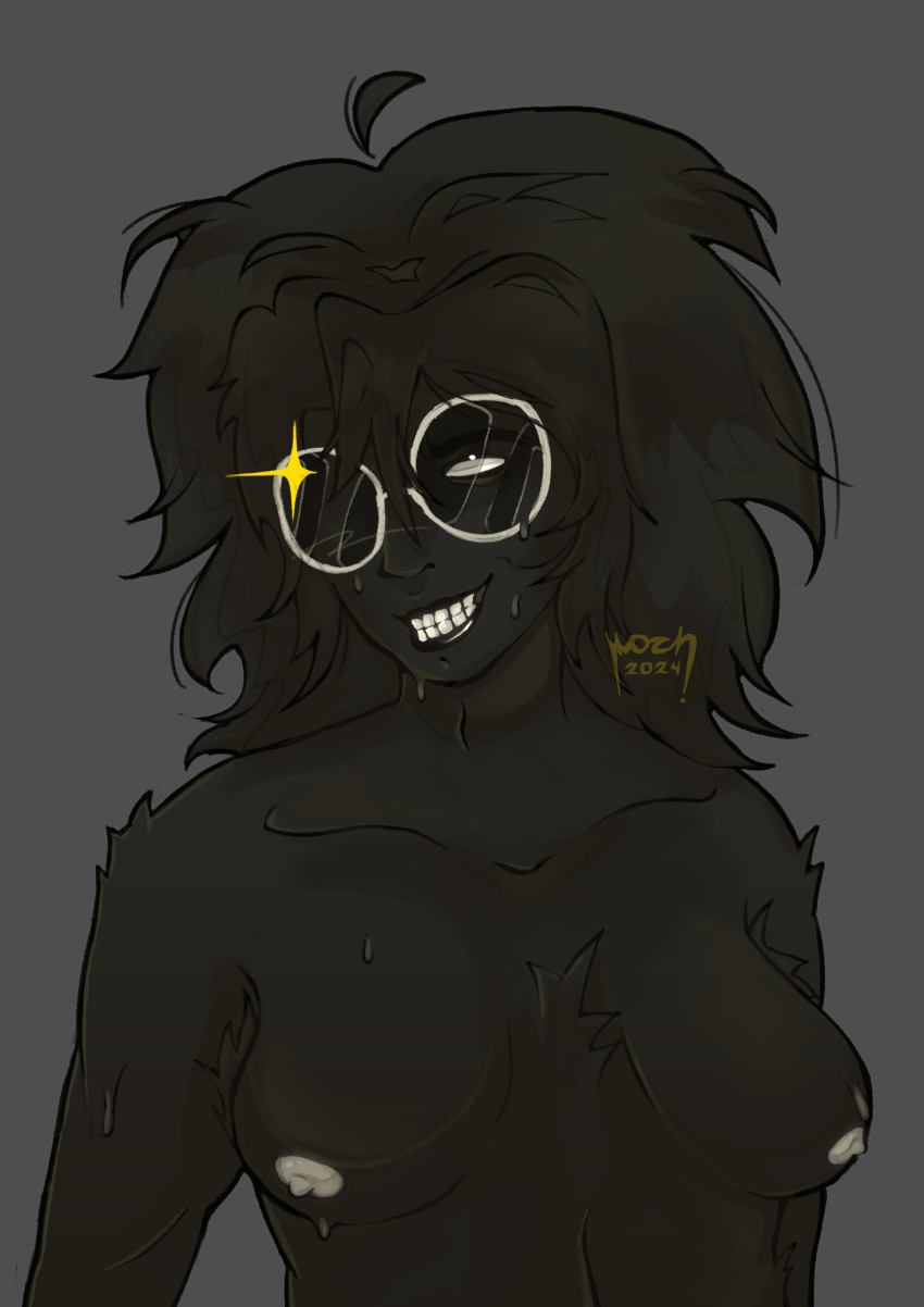 1girl bive_(regretevator) black_fur black_hair breasts empty_eyes grin regretevator roblox roblox_game round_glasses teeth white_nipples