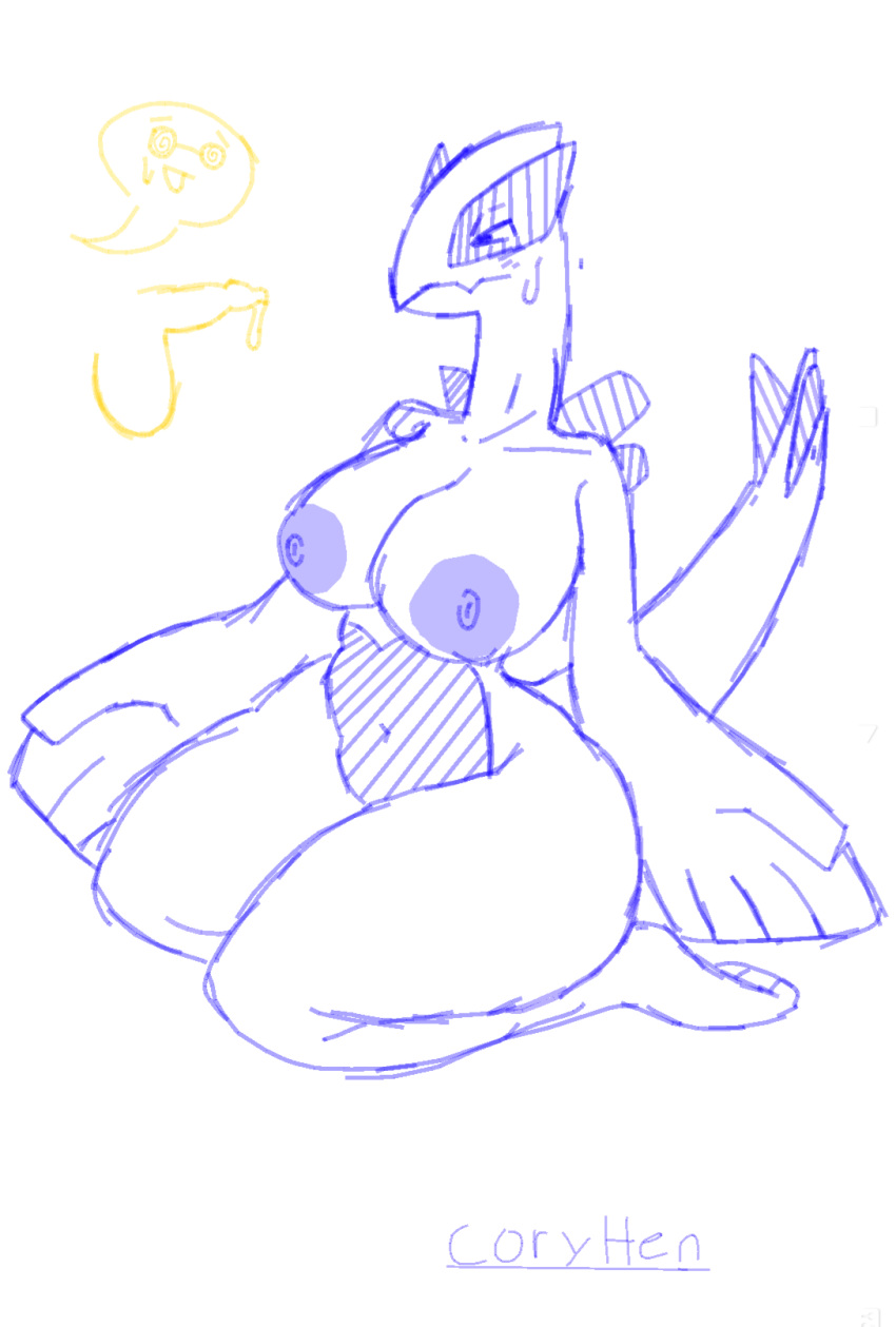 artist_name big_hands bird breasts coryhen_(artist) dissappointed_look flying_type gen_2_pokemon legendary_pok&eacute;mon lugia on_knees pokemon pokemon_(species) small_penis speech_bubble sweatdrop swirly_glasses wings