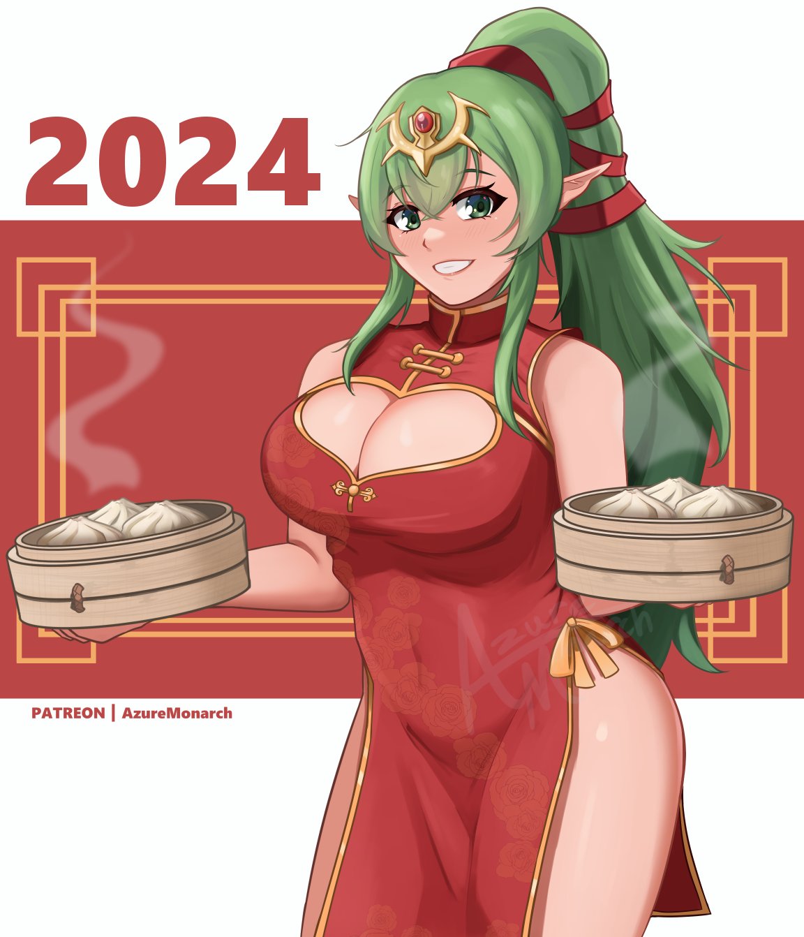 1girl 1girl 1girl 2024 alluring alternate_costume azure_monarch big_breasts breasts chinese_clothes cleavage female_only fire_emblem fire_emblem_awakening green_eyes green_hair looking_at_viewer nintendo pointy_ears ponytail tiki_(adult)_(fire_emblem) tiki_(fire_emblem) year_of_the_dragon