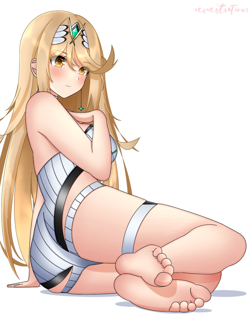 1girl 1girl 1girl 3eeveee alluring ass barefoot bikini blonde_hair feet female_only foot_fetish legs_together long_hair lying_on_side mythra nintendo on_side one-piece_bikini sideboob soles toes xenoblade_(series) xenoblade_chronicles_2