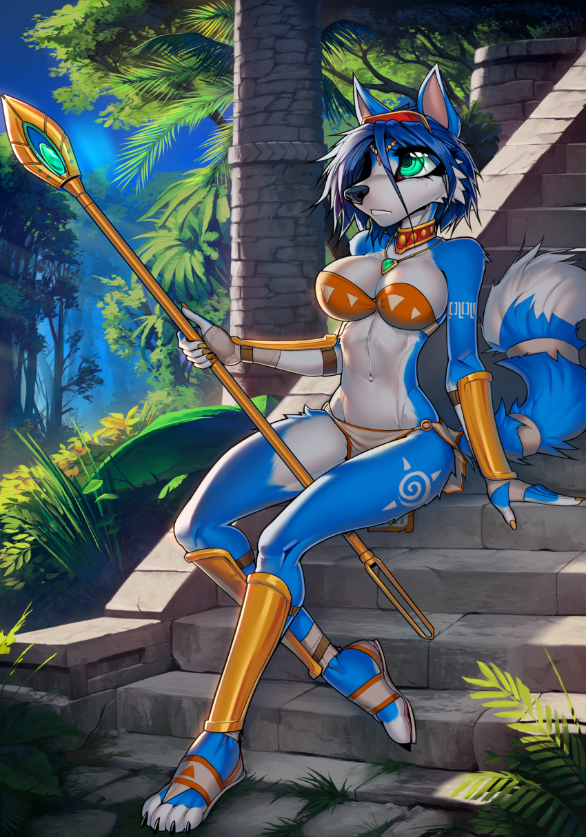 1girl 1girl 1girl accessory alluring ankle_wraps anthro arm_bracers armband armlet athletic_female big_breasts blue_body blue_fur blue_hair bottomwear bra breasts canid canine choker cleavage clothed clothing dusk evening fangs female_abs fit_female fluffy_(artist) fluffy_tail footwear forest fox fur fur_markings gem green_eyes hair hand_wraps headband jewelry jungle krystal krystal's_staff leg_braces lingerie loincloth macmegagerc mammal markings necklace nintendo overgrown palm_tree plant sandals shin_guards short_hair sitting soft_lighting star_fox strapless_bra strapless_clothing strapless_underwear tail teeth temple tree underwear white_body white_fur wraps