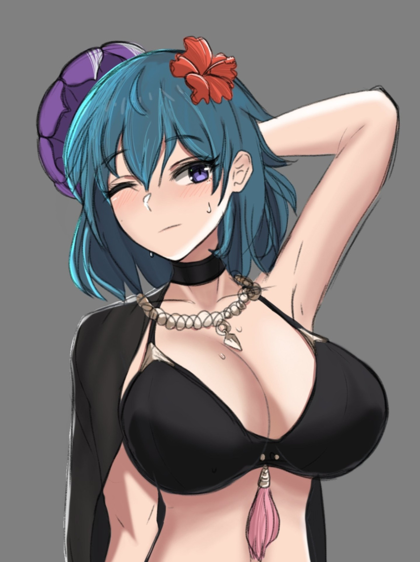 1girl 1girl 1girl alluring alternate_costume arm_up big_breasts bikini bikini_top black_bikini blush breasts byleth_(fire_emblem) byleth_(fire_emblem)_(female) byleth_(summer)_(fire_emblem)_(female) cleavage desspie fire_emblem fire_emblem:_three_houses fire_emblem_heroes hair_flower hair_ornament high_res medium_hair nintendo one_eye_closed purple_eyes teal_hair upper_body