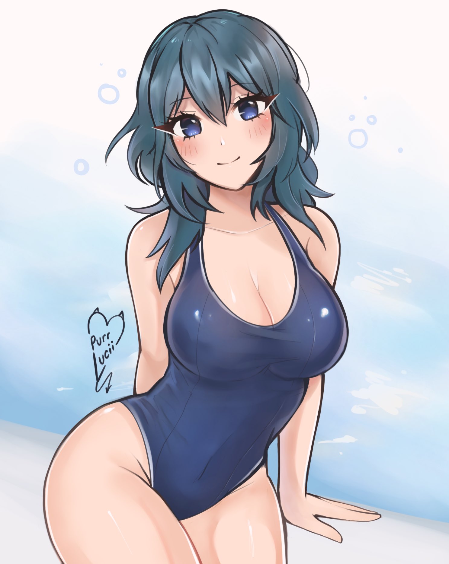 1girl 1girl 1girl alluring alternate_costume artist_name bare_legs bare_shoulders big_breasts big_breasts bikini blue_bikini blue_eyes blue_one-piece_bikini byleth_(female)_(fire_emblem) byleth_(fire_emblem) byleth_(fire_emblem)_(female) cleavage female_only fire_emblem fire_emblem:_three_houses high_res medium_hair nintendo one-piece_bikini purrlucii swimsuit teal_hair