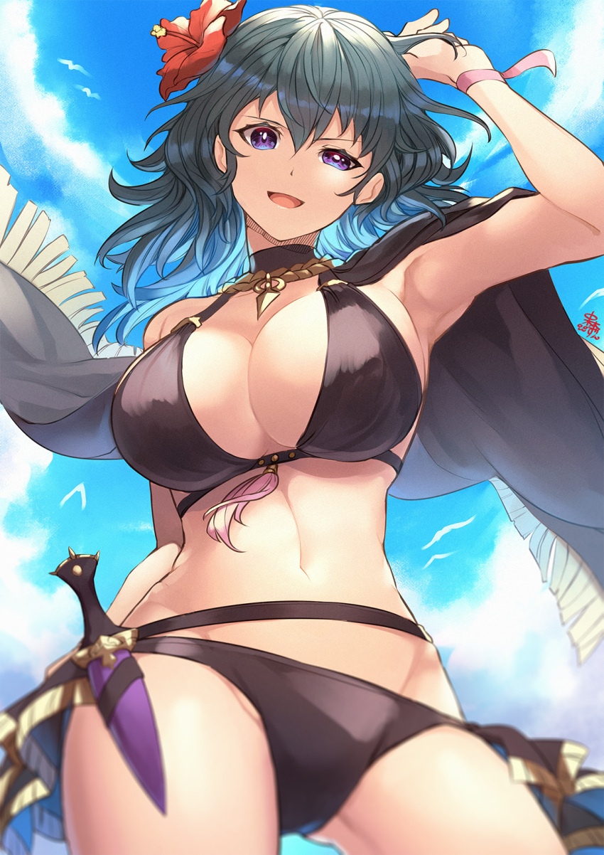 1girl 1girl 1girl alluring arm_up big_breasts big_breasts bikini black_bikini black_swimsuit blue_eyes blue_sky byleth_(fire_emblem) byleth_(fire_emblem)_(female) byleth_(summer)_(fire_emblem)_(female) cleavage cloud dagger female_only fire_emblem fire_emblem:_three_houses fire_emblem_heroes flower hair_flower hair_ornament high_res knife nakabayashi_zun nintendo official_alternate_costume open_mouth sheath sheathed sky swimsuit teal_hair weapon