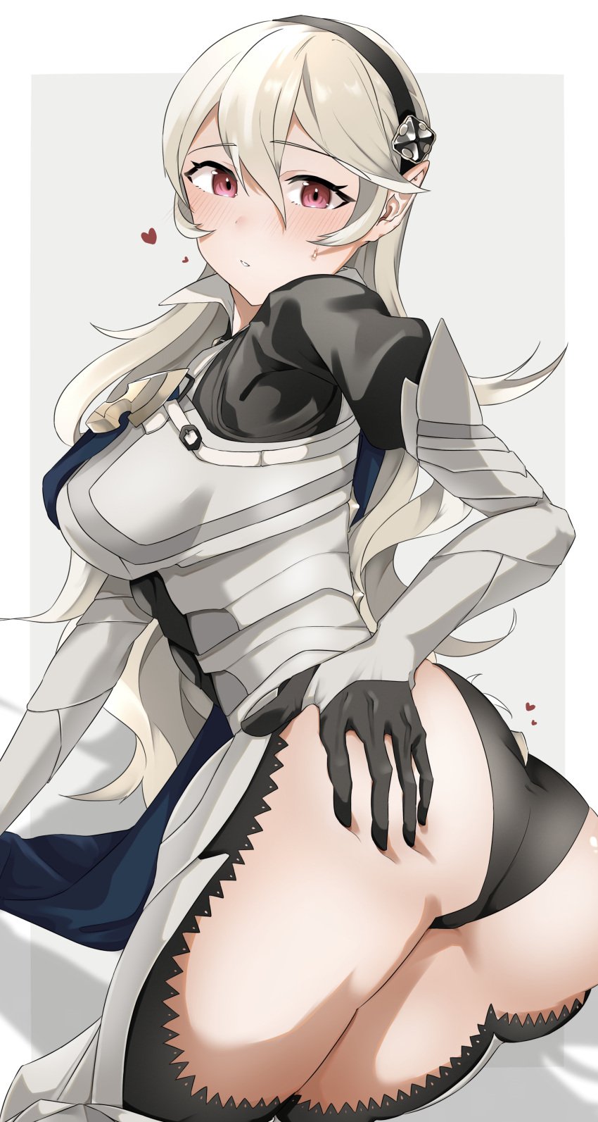 1girl 1girl 1girl alluring ass ass_focus bare_thighs big_breasts black_panties corrin_(fire_emblem) corrin_(fire_emblem)_(female) female_only fire_emblem fire_emblem_fates grey_hair hairband hand_on_own_ass heart inner_thighs looking_at_viewer medium_breasts nintendo panties pointy_ears red_eyes shikohatsu thighs underwear