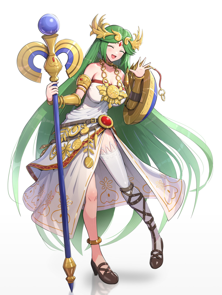 1girl 1girl absurd_res absurdly_long_hair alluring big_breasts full_body gonzarez green_hair high_res kid_icarus kid_icarus_uprising long_hair nintendo palutena simple_background very_long_hair white_background