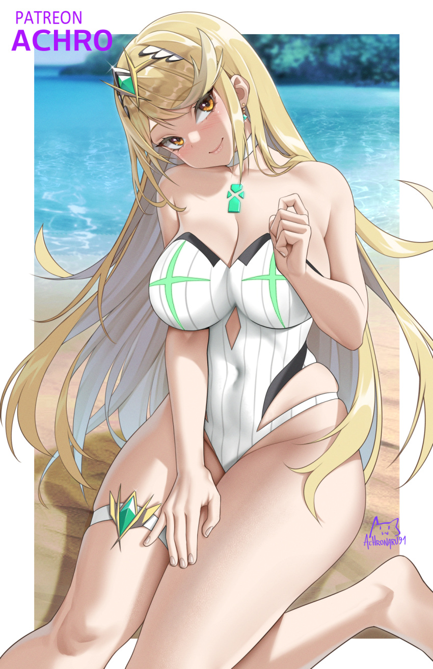 1girl 1girl achromaru alluring big_breasts bikini blonde_hair gold_eyes light-skinned_female light_skin long_hair mythra naughty_face nintendo one-piece_bikini smile swimsuit xenoblade_(series) xenoblade_chronicles_2