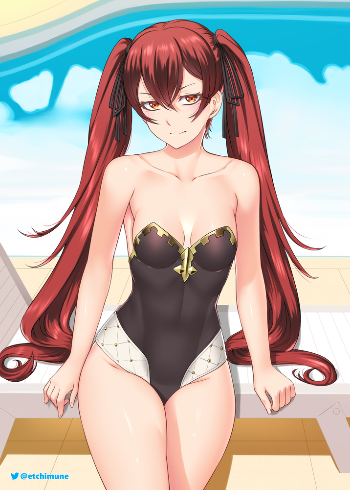 1girl 1girl adapted_costume alluring alternate_costume bangs bare_shoulders bare_thighs black_ribbon black_swimsuit closed_mouth collarbone commentary english_commentary etchimune fire_emblem fire_emblem_fates hair_between_eyes hair_ribbon long_hair looking_at_viewer medium_breasts nintendo one-piece_swimsuit pool red_eyes red_hair ribbon selena_(fire_emblem_fates) severa_(fire_emblem) sitting small_breasts smile strapless strapless_swimsuit swimsuit thighs twin_tails very_long_hair