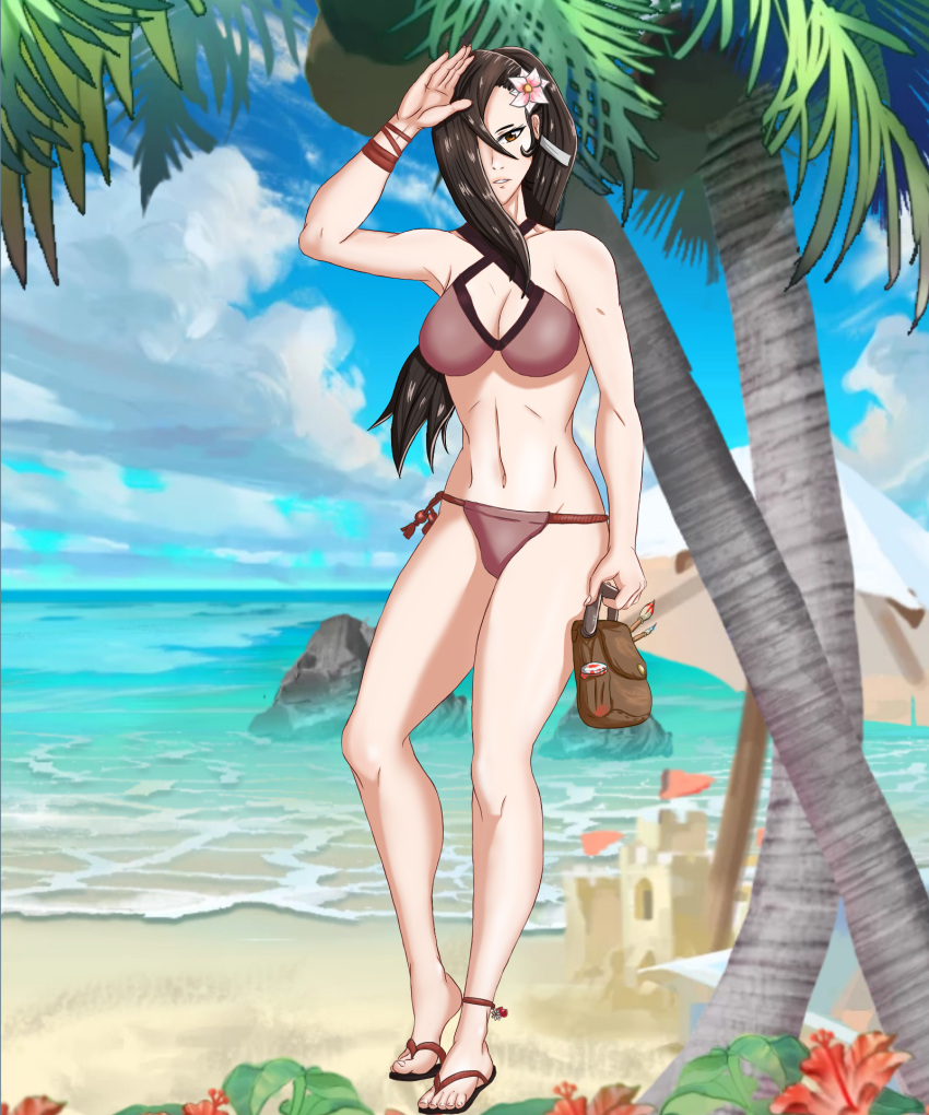 1girl 1girl alluring alternate_costume beach big_breasts bikini brown_bikini brown_eyes brown_hair brown_swimsuit fire_emblem fire_emblem_fates hair_flower hair_over_one_eye kagero_(fire_emblem) long_hair looking_at_viewer nintendo ocean paintbrush palm_tree ponytail samuraijam34 sand_castle seaside solo_female swimsuit tree