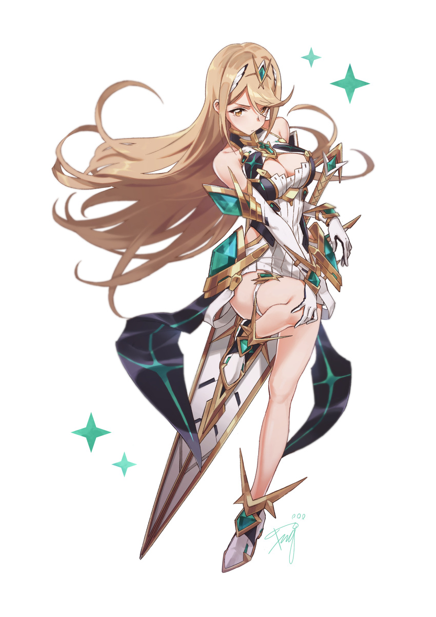 1girl 1girl alluring armor bare_shoulders big_breasts big_breasts blonde_hair blush cleavage dress gloves hair_ornament high_res long_hair looking_at_viewer mythra nintendo sleeveless sword tugo weapon xenoblade_(series) xenoblade_chronicles_(series) xenoblade_chronicles_2 yellow_eyes