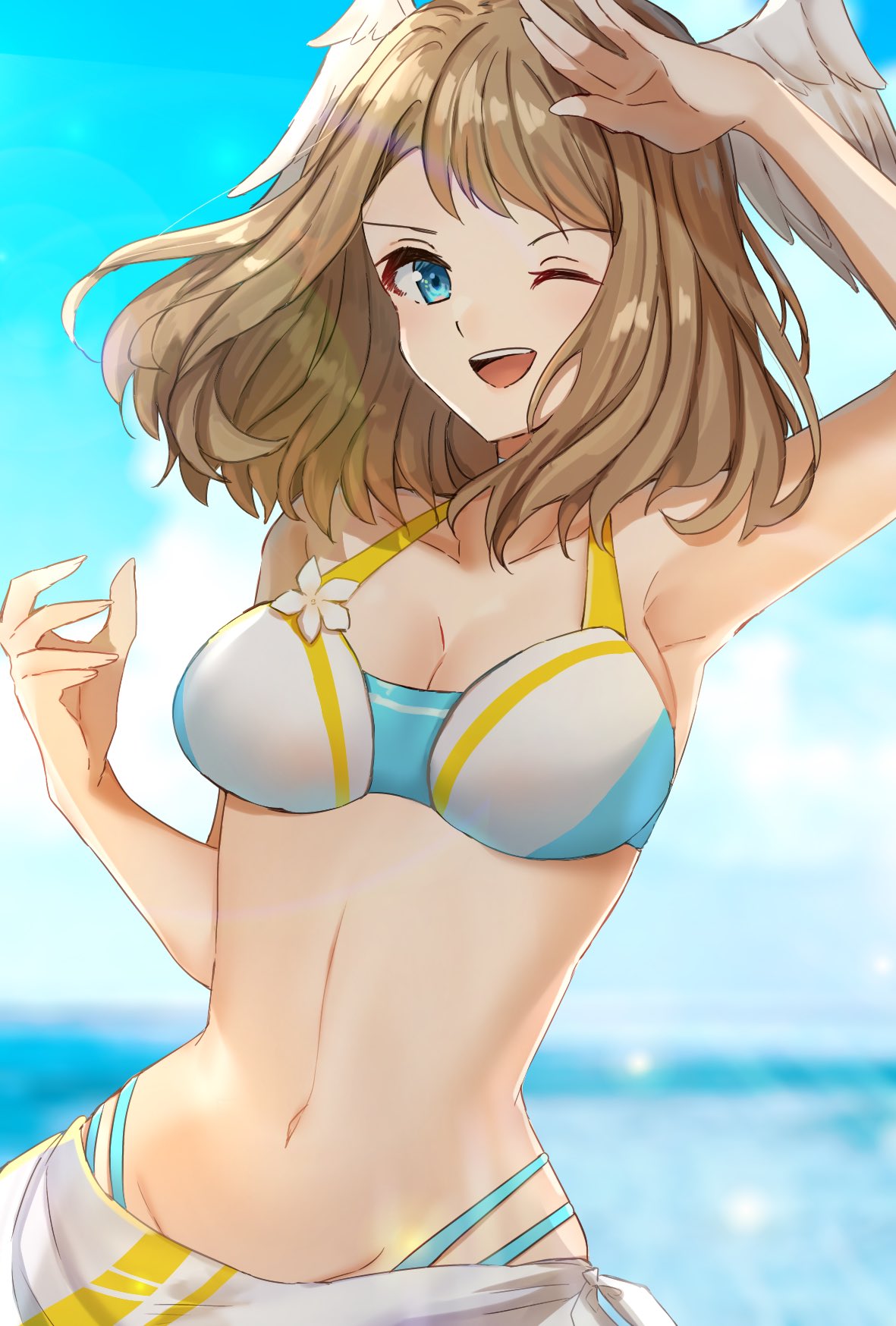 1girl 1girl alluring big_breasts bikini blue_eyes breast_tattoo brown_hair cleavage edamameoka eunie_(xenoblade) head_wings high_res long_hair looking_at_viewer medium_hair nintendo one_eye_closed open_clothes smile swimsuit tattoo wate white_wings wings xenoblade_(series) xenoblade_chronicles_3