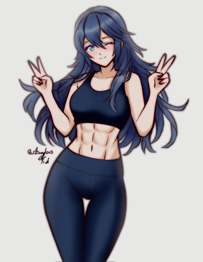 1girl ;) abs alluring athletic_female bare_arms bare_shoulders blue_eyes blue_hair blue_pants breasts closed_mouth collarbone commentary double_v english_commentary female_abs fire_emblem fire_emblem_awakening fit_female grey_background hair_between_eyes hands_up high_res long_hair looking_at_viewer lucina lucina_(fire_emblem) medium_breasts navel nintendo one_eye_closed pants rotomdocs signature simple_background smile thigh_gap twitter_username v very_long_hair