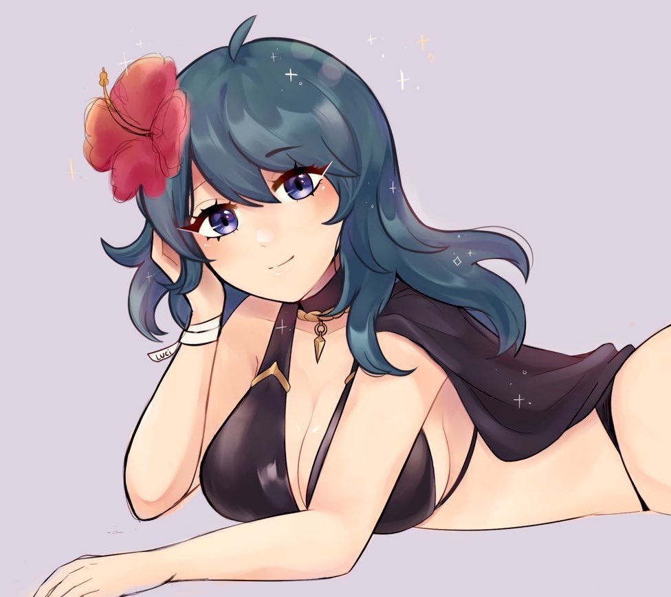 1girl alluring alternate_costume big_breasts bikini black_bikini black_swimsuit byleth_(fire_emblem) byleth_(fire_emblem)_(female) byleth_(summer)_(fire_emblem)_(female) female_only fire_emblem fire_emblem:_three_houses fire_emblem_heroes looking_at_viewer nintendo official_alternate_costume purrlucii swimsuit teal_hair