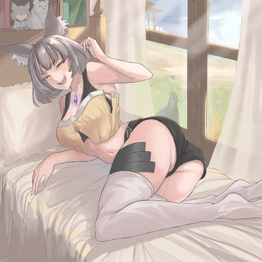 1girl alluring animal_ears ass ass_focus calmgreentori cat_ears catgirl core_crystal female_only grey_hair indoors looking_at_viewer looking_back medium_breasts nia nia_(blade) nia_(blade)_(xenoblade) nia_(xenoblade) nintendo on_bed short_hair thighs xenoblade_(series) xenoblade_chronicles_2 yellow_eyes