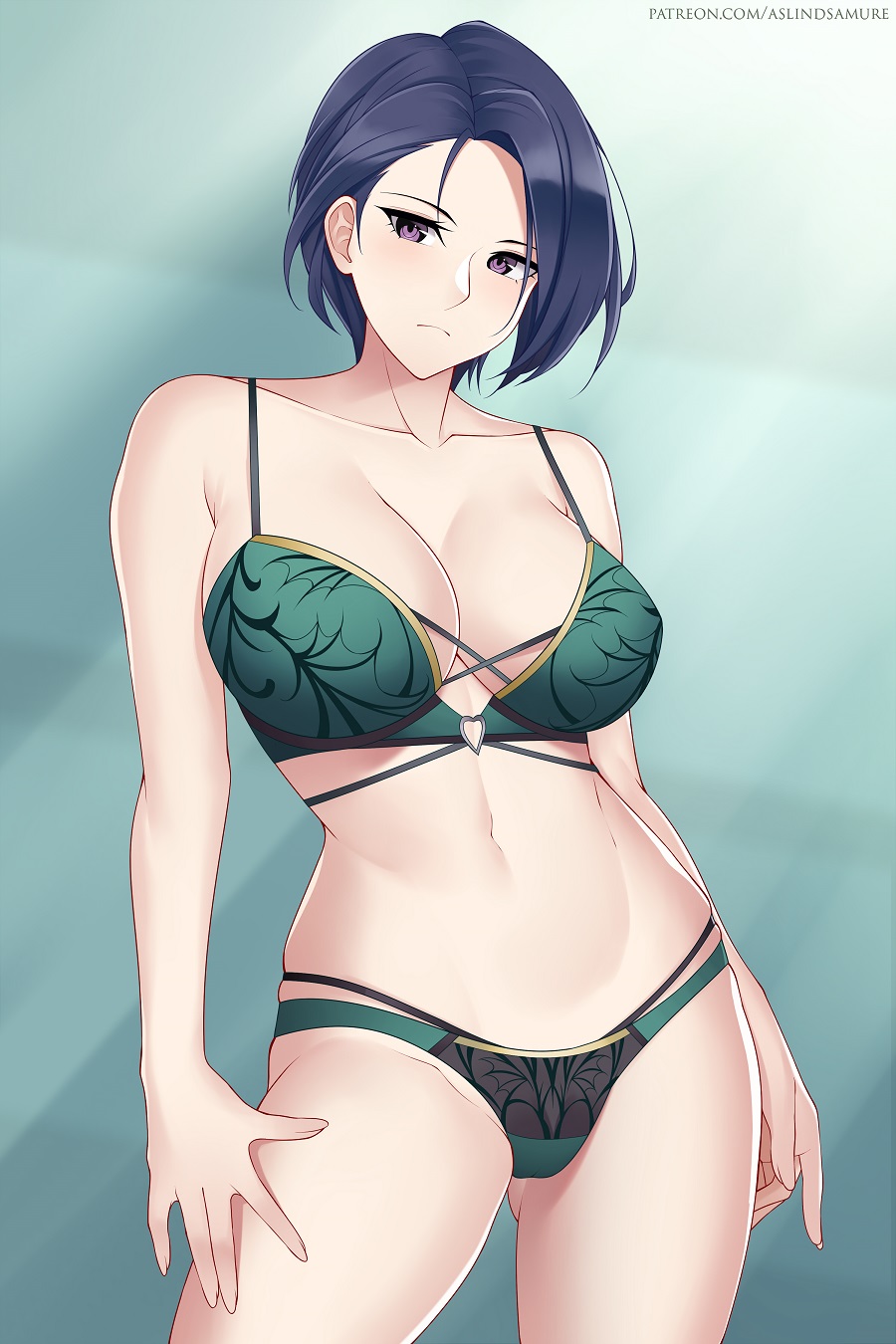 1girl alluring aslind_samure aslindsamure ass_visible_through_thighs big_breasts blue_hair blush bra breasts female_only fire_emblem fire_emblem:_three_houses green_and_black_panties green_bra green_panties mature_female nintendo panties purple_eyes shamir_nevrand short_hair thick_thighs