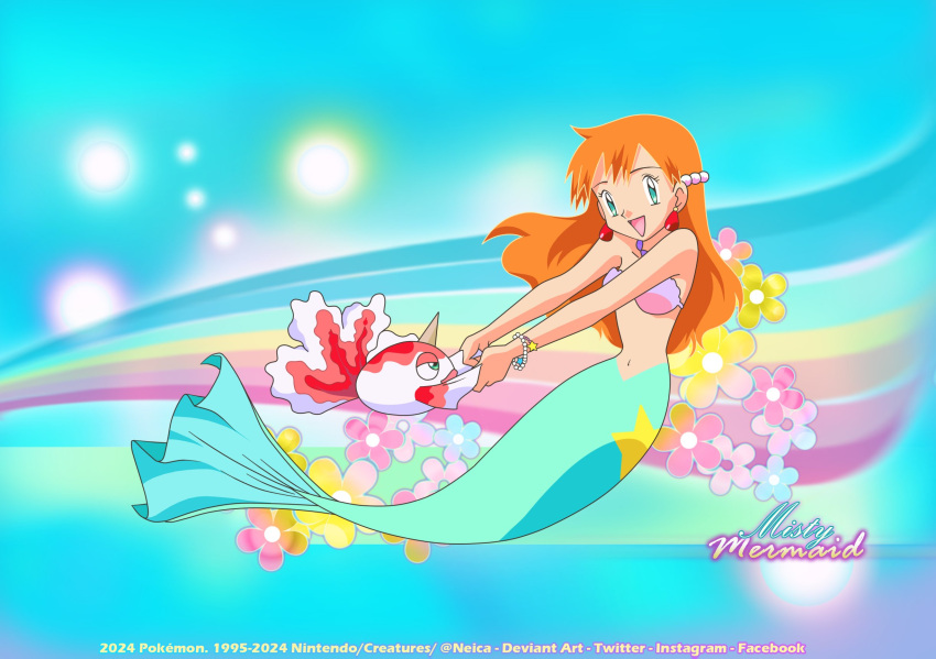 1girl alluring bare_arms bikini breasts creatures_(company) earrings full_body game_freak goldeen green_eyes hair_ornament high_res jewelry long_hair mermaid mermaid_costume mermaid_misty_(pokemon) misty misty_(pokemon) misty_mermaid navel necklace neica nintendo orange_hair pokemon pokemon_(anime) pokemon_(classic_anime) seashell shell shell_bikini swimsuit underwater water wet