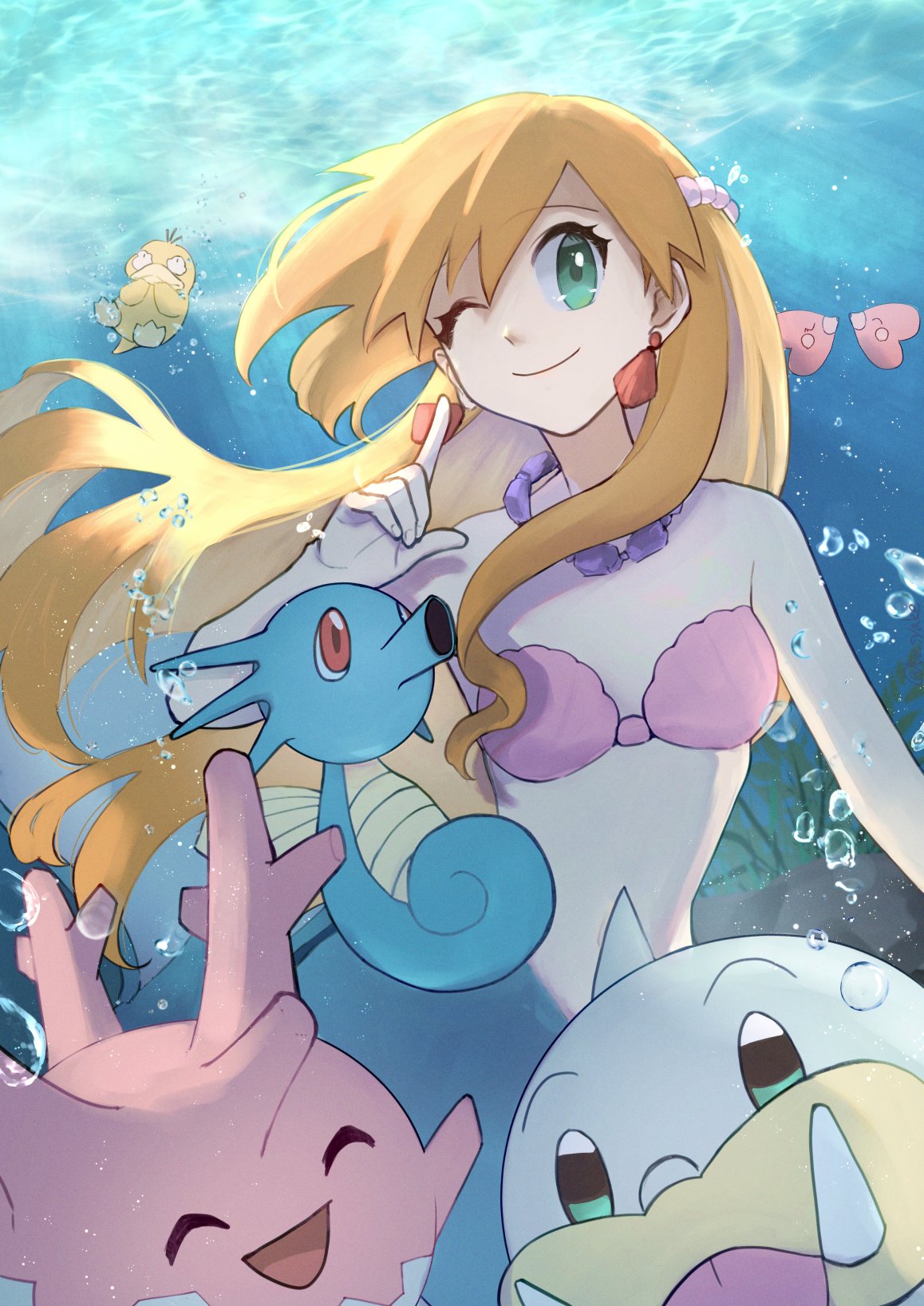 1girl alluring be_syake bikini blush breasts corsola creatures_(company) earrings game_freak green_eyes hair_ornament high_res horsea jewelry long_hair looking_at_viewer mermaid mermaid_costume mermaid_misty_(pokemon) misty misty_(pokemon) necklace nintendo one_eye_closed orange_hair pokemon pokemon_(anime) pokemon_(classic_anime) psyduck seashell seel shell shell_bikini small_breasts swimsuit underwater water wink