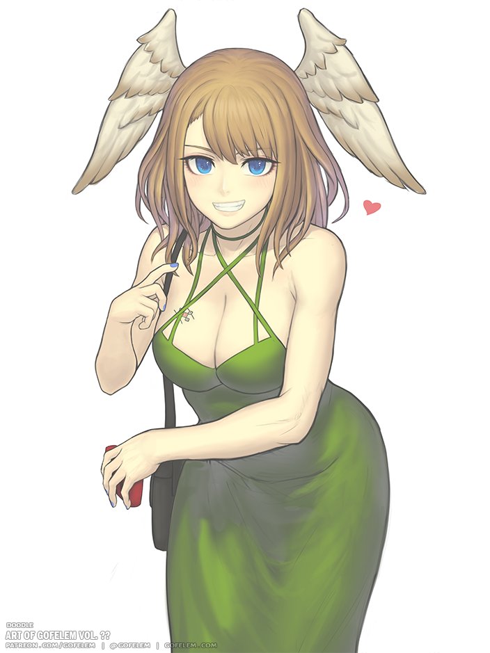 1girl alluring big_breasts blue_eyes breast_tattoo breasts brown_hair chocolate cleavage dress eunie_(xenoblade) gofelem head_wings long_hair looking_at_viewer medium_hair nintendo smile tattoo white_wings wings xenoblade_(series) xenoblade_chronicles_3