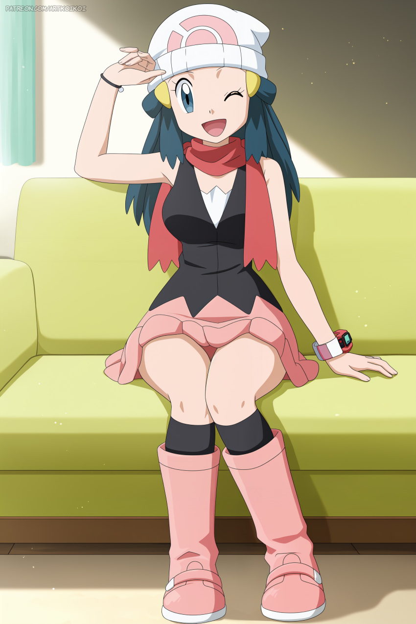 1girl alluring blue_eyes blue_hair clothed couch dawn dawn_(pokemon) hat koikoi_(artist) nintendo on_couch pokemon_(anime) pokemon_dppt pokemon_dppt_(anime) scarf shirt shoes skirt socks wash wink