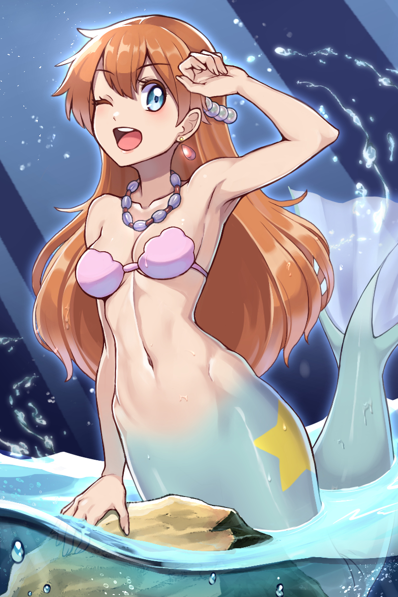 1girl ;d alluring arm_up bare_shoulders bikini bikini_top_only blue_background blue_eyes breasts cleavage collarbone commentary_request creatures_(company) earrings full_body game_freak groin gym_leader hair_between_eyes high_res jewelry light_rays looking_at_viewer medium_breasts mermaid mermaid_misty_(pokemon) misty misty_(pokemon) misty_mermaid navel necklace nintendo ocean one_eye_closed open_mouth orange_hair partially_submerged partially_underwater_shot pearl_hair_ornament pearl_necklace pink_bikini pokemon pokemon_(anime) pokemon_(classic_anime) rock sidelocks smile star_(symbol) stomach swimsuit teeth upper_teeth_only water_drop wet yasu_suupatenin