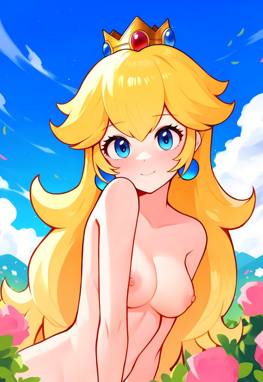 1female 1girl 1girl 1girls ai_generated blonde_hair blue_eyes breasts clouds completely_naked_female completely_nude_female crown day female_only hills long_hair mario_(series) nai_diffusion naked_female nintendo nipples nude nude nude_female princess_peach smile smiley_face stable_diffusion tagme video_game_character