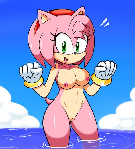 1girl amy_rose bird breasts legs navel nipples nude sonic_the_hedgehog_(series) water