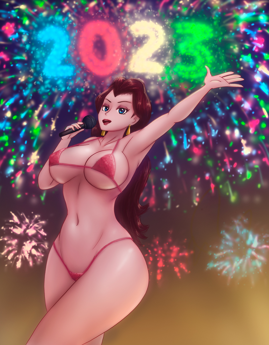 1girl 1girl 1girl 1girls 2023 big_breasts blue_eyes breasts brown_hair brunette earrings eyeshadow female_only fireworks fitness half-closed_eyes happy_new_year huge_breasts light-skinned_female light_skin lips lipstick long_hair mario_(series) microphone new_year new_year_2023 night nintendo pauline pauline_(mario) purple_eyebrows pussy red_bikini red_lipstick safartworks singing stockings tagme thighs video_game_character video_games voluptuous