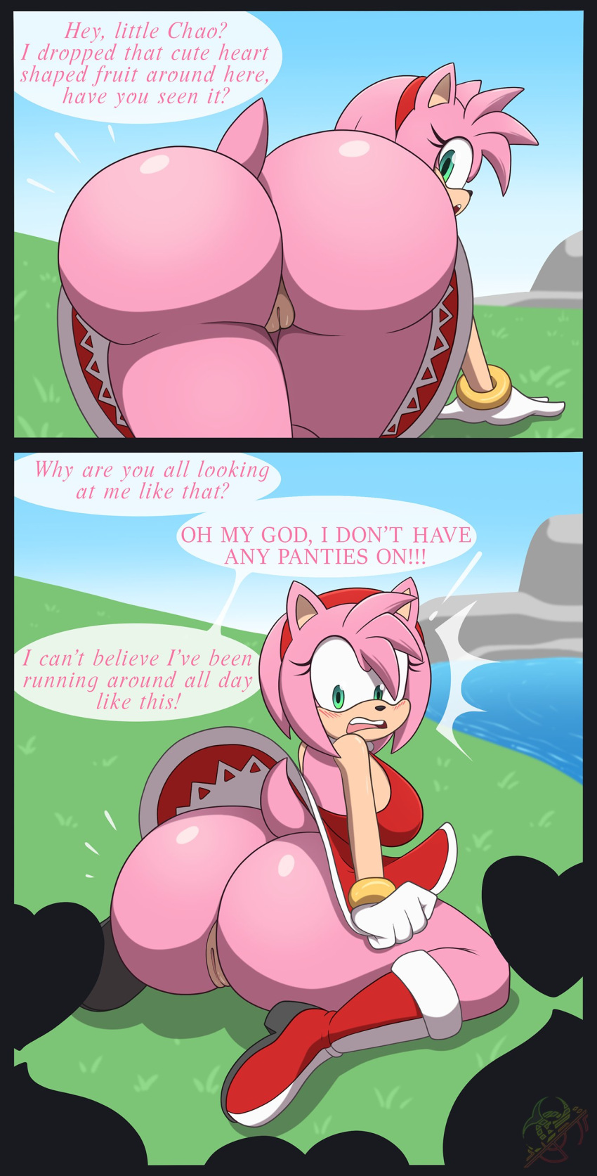 1girl 3others accidental_exposure all_fours amy_rose anthro ass boots bottomless bubble_butt chao_(sonic) dat_ass dress embarrassed english_text exposure female female_focus forgot_panties full_body furry hedgehog huge_ass kneel no_panties no_underwear pussy roga14 sega silhouette silhouetted_body skirt sonic_adventure sonic_the_hedgehog_(series) text upskirt wardrobe_malfunction