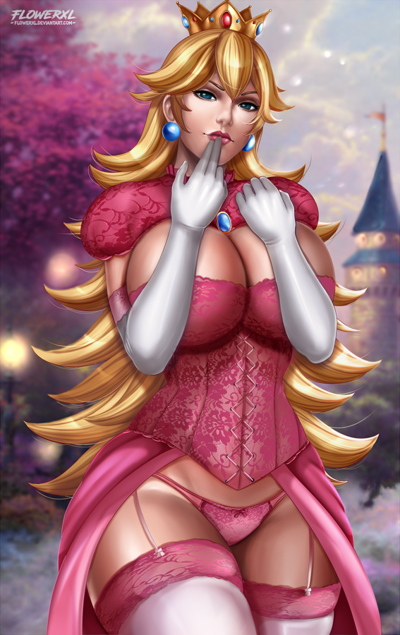 1female 1girl 1girl 1girl 1girl 1girls abstract_background blonde_hair blowing_kiss breasts castle_background cleavage crown elbow_gloves female_only flowerxl garter_belt gloves huge_breasts long_hair looking_at_viewer mario_(series) nintendo outside panties pink_lipstick pink_panties princess_peach seductive_smile standing stockings under_boob video_game_character walking white_gloves