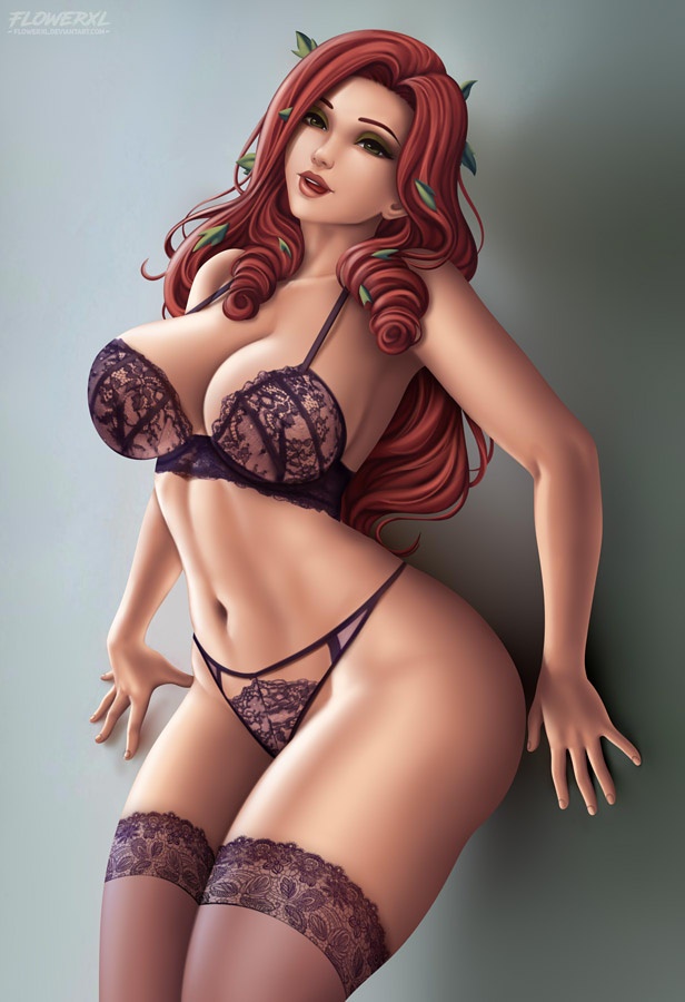 1girl 1girls batman_(series) big_breasts black_lingerie breasts cleavage dc_comics female female_only flowerxl green_eyes lingerie long_hair looking_at_viewer on_the_ground pamela_isley panties poison_ivy red_hair stockings voluptuous