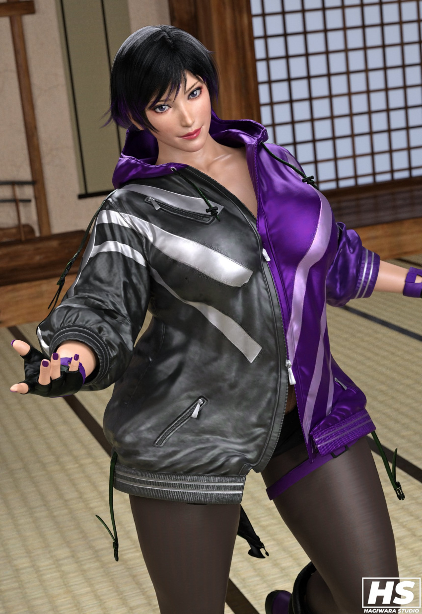 1girl 2024 3d 3d_(artwork) alluring artist_logo artist_signature asian asian_female athletic athletic_female bangs big_breasts black_and_purple_hair black_hair breasts clothed clothed_female clothing color colored fanart female_focus female_only fingerless_gloves fit_female full_color gloves grin hagiwara_studio hair jacket japanese japanese_female light-skinned_female light_skin lips lipstick looking_at_viewer multicolored_hair nail_polish nails namco purple_eyes purple_hair purple_nail_polish purple_nails red_lipstick reina_(tekken) reina_mishima seductive short_hair smile smiling_at_viewer solo_female solo_focus stockings tekken tekken_8 thick_thighs thighs video_game video_game_character video_game_franchise video_games voluptuous voluptuous_female