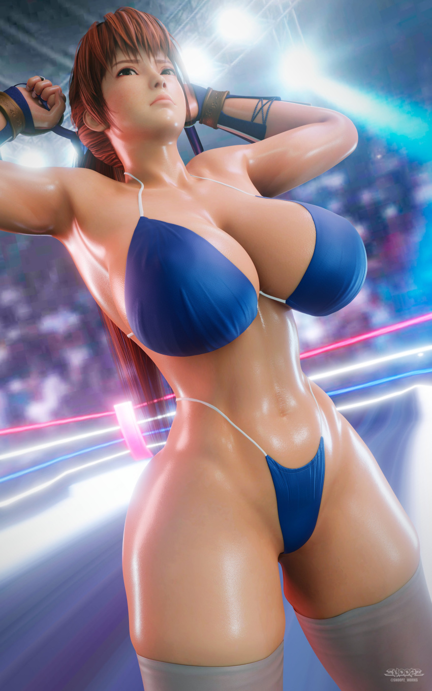 1girl 3d 3d_(artwork) alluring artist_signature big_breasts big_hips big_thighs bikini blue_bikini blue_swimsuit blurred_background brown_eyes dead_or_alive dead_or_alive_2 dead_or_alive_3 dead_or_alive_4 dead_or_alive_5 dead_or_alive_6 dead_or_alive_xtreme dead_or_alive_xtreme_2 dead_or_alive_xtreme_3 dead_or_alive_xtreme_3_fortune dead_or_alive_xtreme_beach_volleyball dead_or_alive_xtreme_venus_vacation female_only fighting_ring hair_accessory handwear high_waisted_thong human human_only kasumi kasumi_(doa) kunoichi legwear long_hair midriff panties red_hair redhead silf snoopz solo_female standing stockings swimsuit tecmo three-quarter_portrait three-quarter_view tied_hair