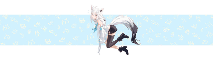 1girl absurd_res ahoge animal_ears aqua_eyes ascot black_shorts black_thighhighs boots breasts detached_sleeves fox_ears fox_girl fox_tail fubuchun fubuzilla_(shirakami_fubuki) full_body high_res hololive hood hoodie hyde_(tabakko) long_hair miteiru_(shirakami_fubuki) nejima_kitsune_(shirakami_fubuki) oruyanke_(shirakami_fubuki) shirakami_fubuki shirakami_fubuki_(1st_costume) shorts single_thighhigh stockings sukonbu_(shirakami_fubuki) tail thigh_strap virtual_youtuber white_hoodie